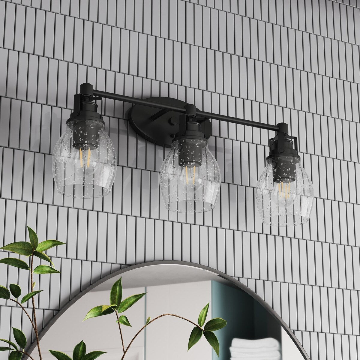 Applique de salle de bain moderne à 3 lumières, finition noire, avec abat-jour en verre grainé