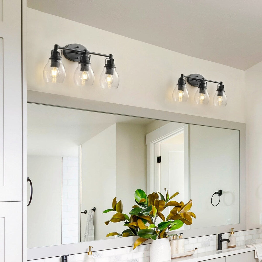 Applique de salle de bain moderne à 3 lumières, finition noire, avec abat-jour en verre grainé