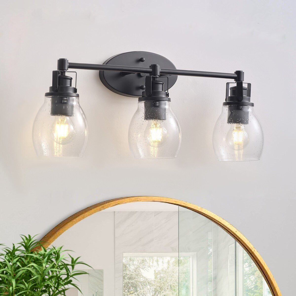 Applique de salle de bain moderne à 3 lumières, finition noire, avec abat-jour en verre grainé
