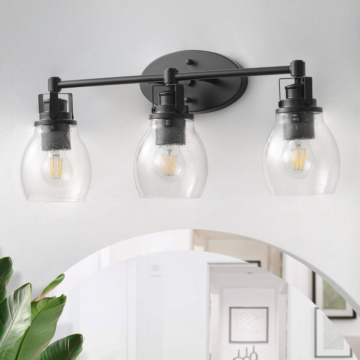 Applique de salle de bain moderne à 3 lumières, finition noire, avec abat-jour en verre grainé