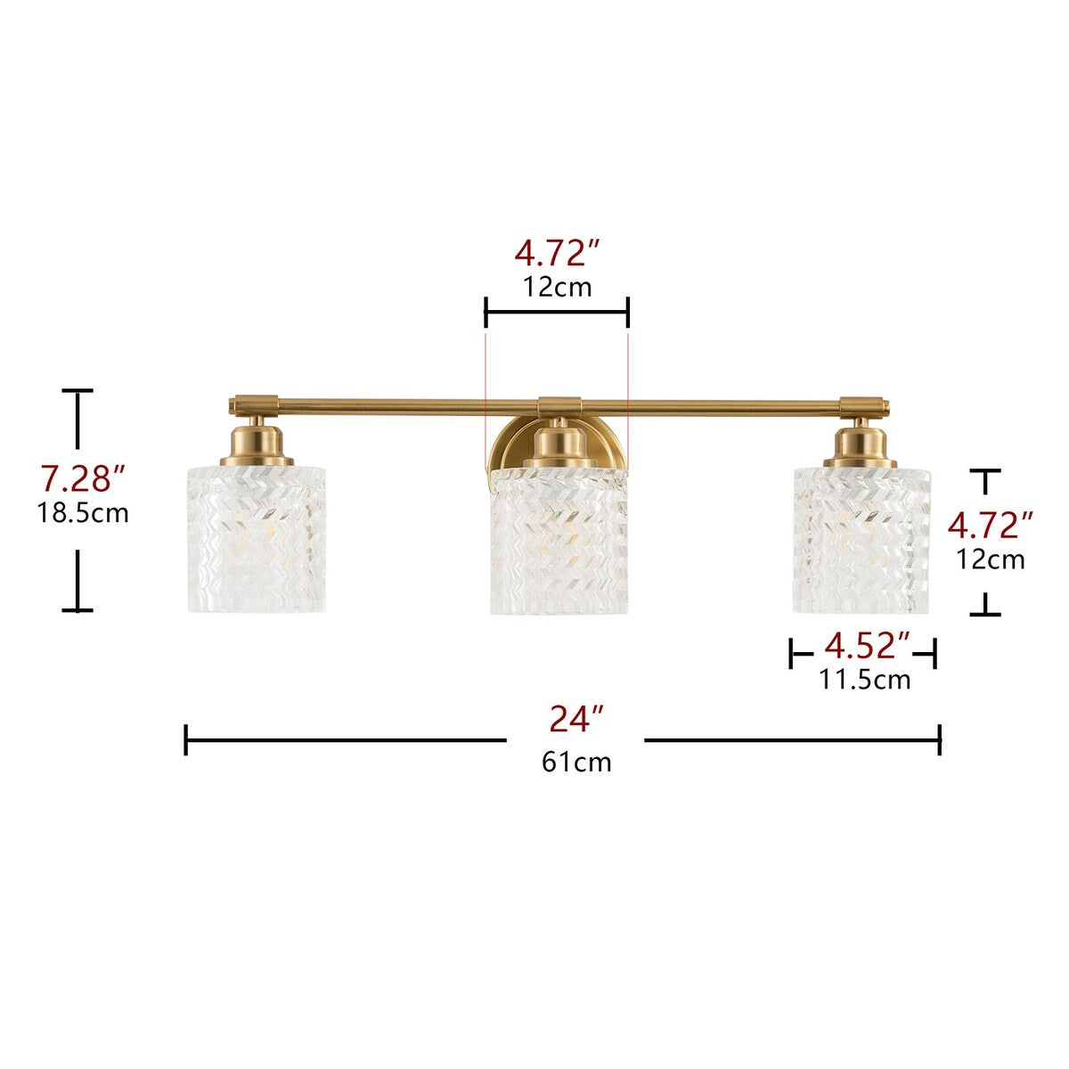 Applique murale moderne à 3 lumières avec abat-jour cylindrique en verre texturé pour salle de bain