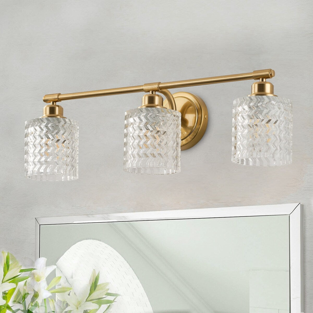 Applique murale moderne à 3 lumières avec abat-jour cylindrique en verre texturé pour salle de bain
