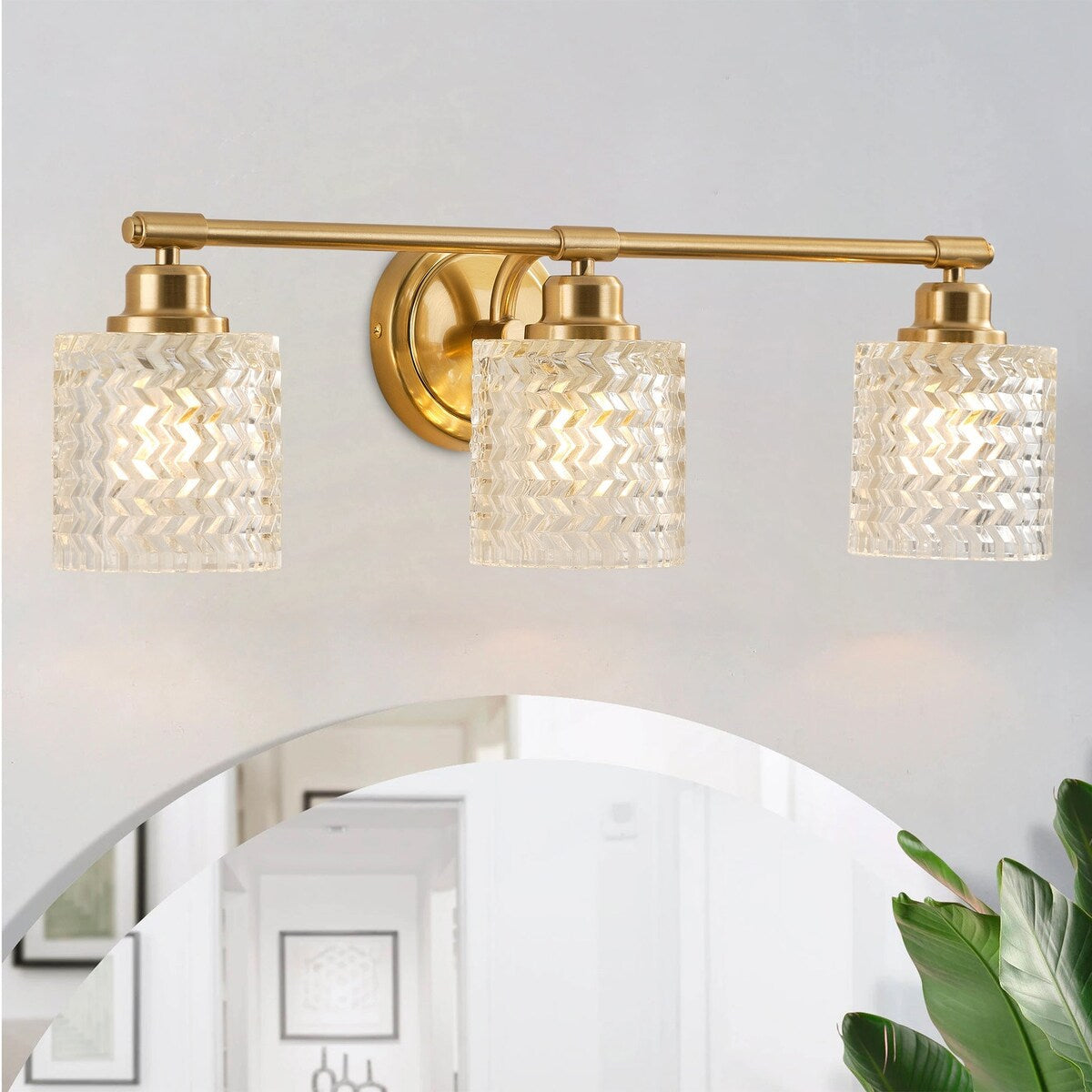 Applique murale moderne à 3 lumières avec abat-jour cylindrique en verre texturé pour salle de bain