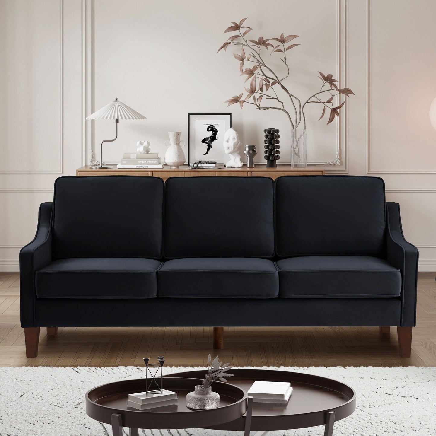 Canapé 3 places moderne avec accoudoirs arrondis et pieds en bois - 29,00 x 74,00 x 34,25
