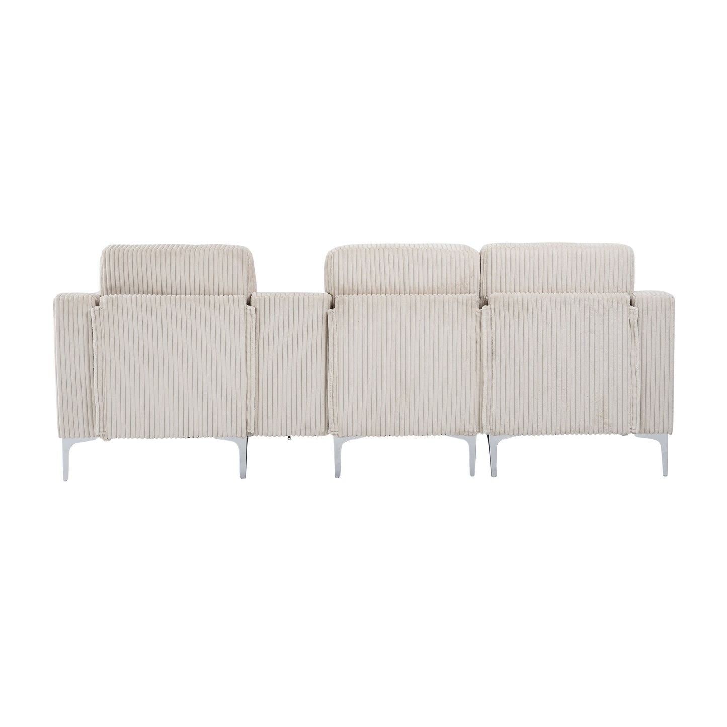 Canapé modulable moderne 3 places en velours côtelé avec ports USB et porte-gobelets pour salon d'appartement