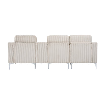 Canapé modulable moderne 3 places en velours côtelé avec ports USB et porte-gobelets pour salon d'appartement