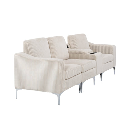 Canapé modulable moderne 3 places en velours côtelé avec ports USB et porte-gobelets pour salon d'appartement