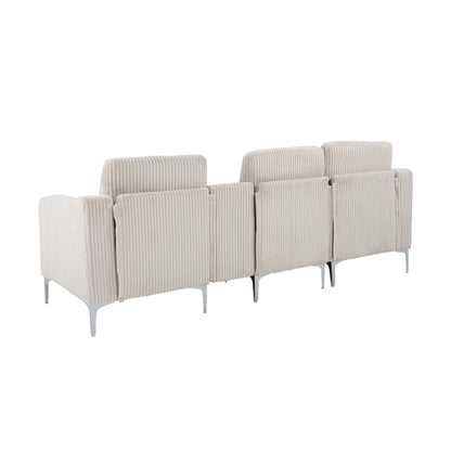 Canapé modulable moderne 3 places en velours côtelé avec ports USB et porte-gobelets pour salon d'appartement