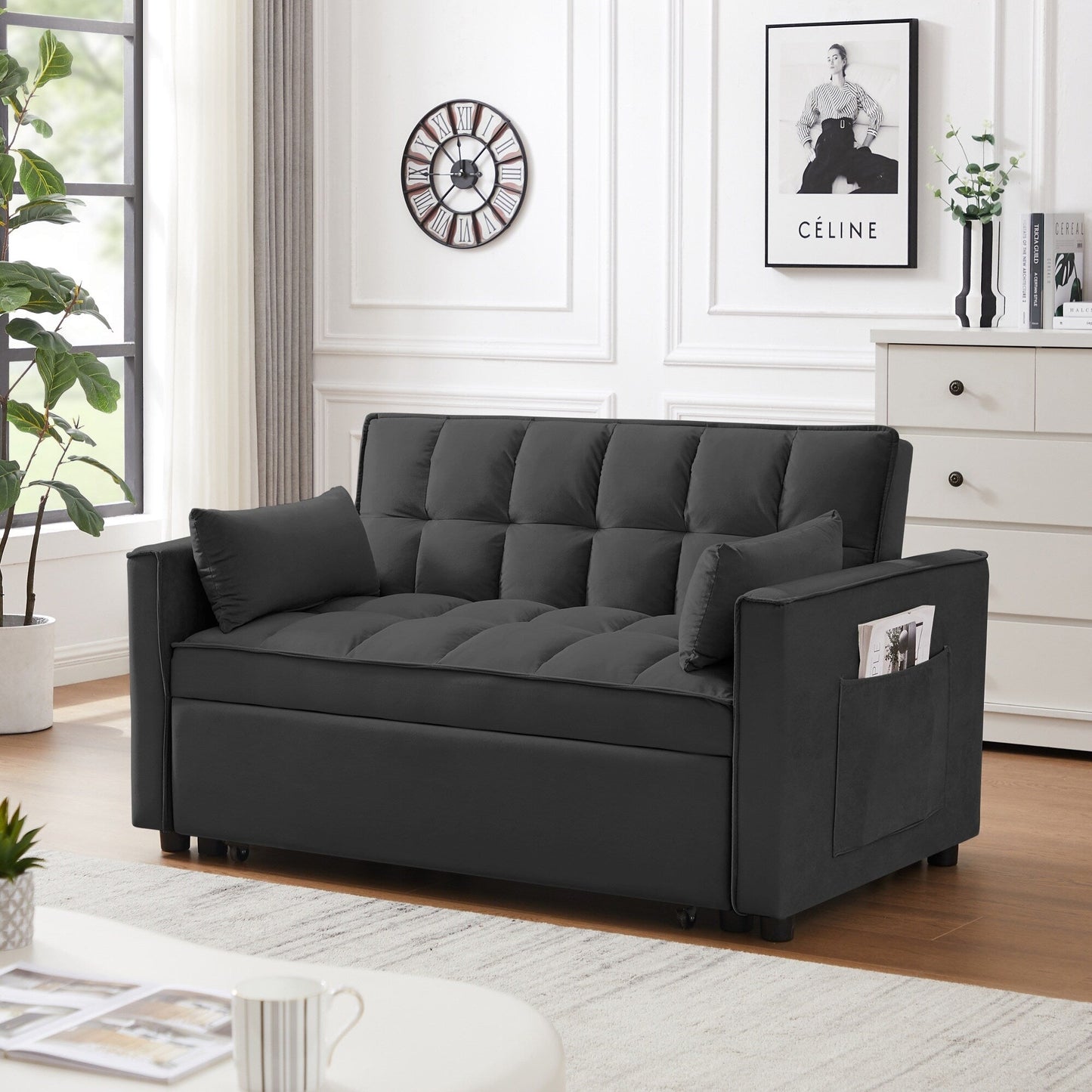 Canapé-lit futon convertible 3 en 1 en velours moderne avec lit gigogne