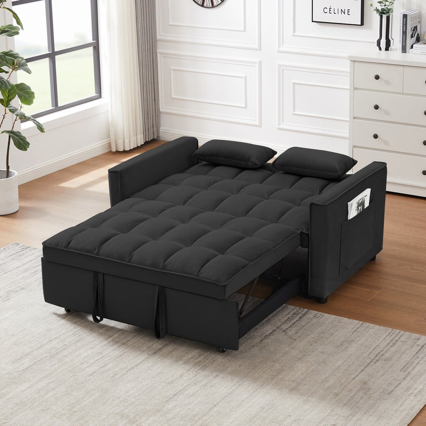Canapé-lit futon convertible 3 en 1 en velours moderne avec lit gigogne