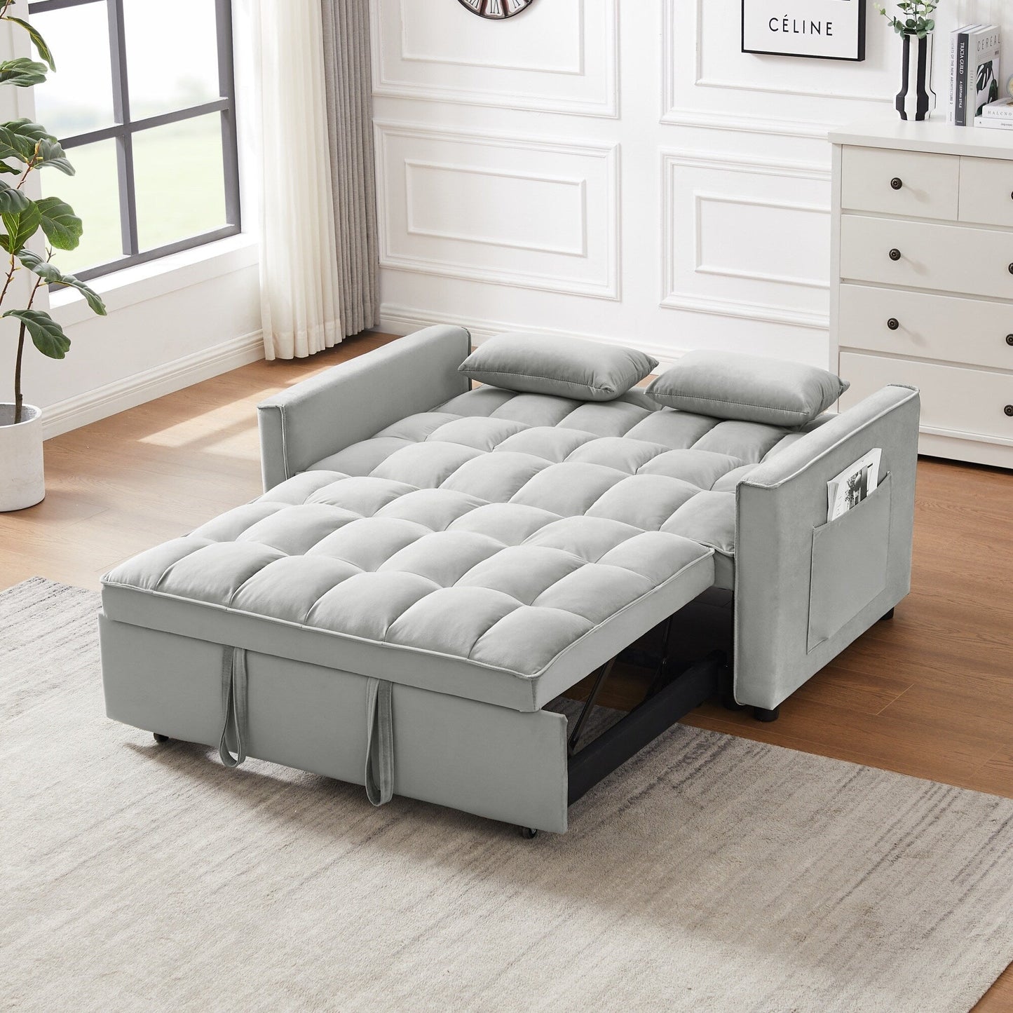 Canapé-lit futon convertible 3 en 1 en velours moderne avec lit gigogne