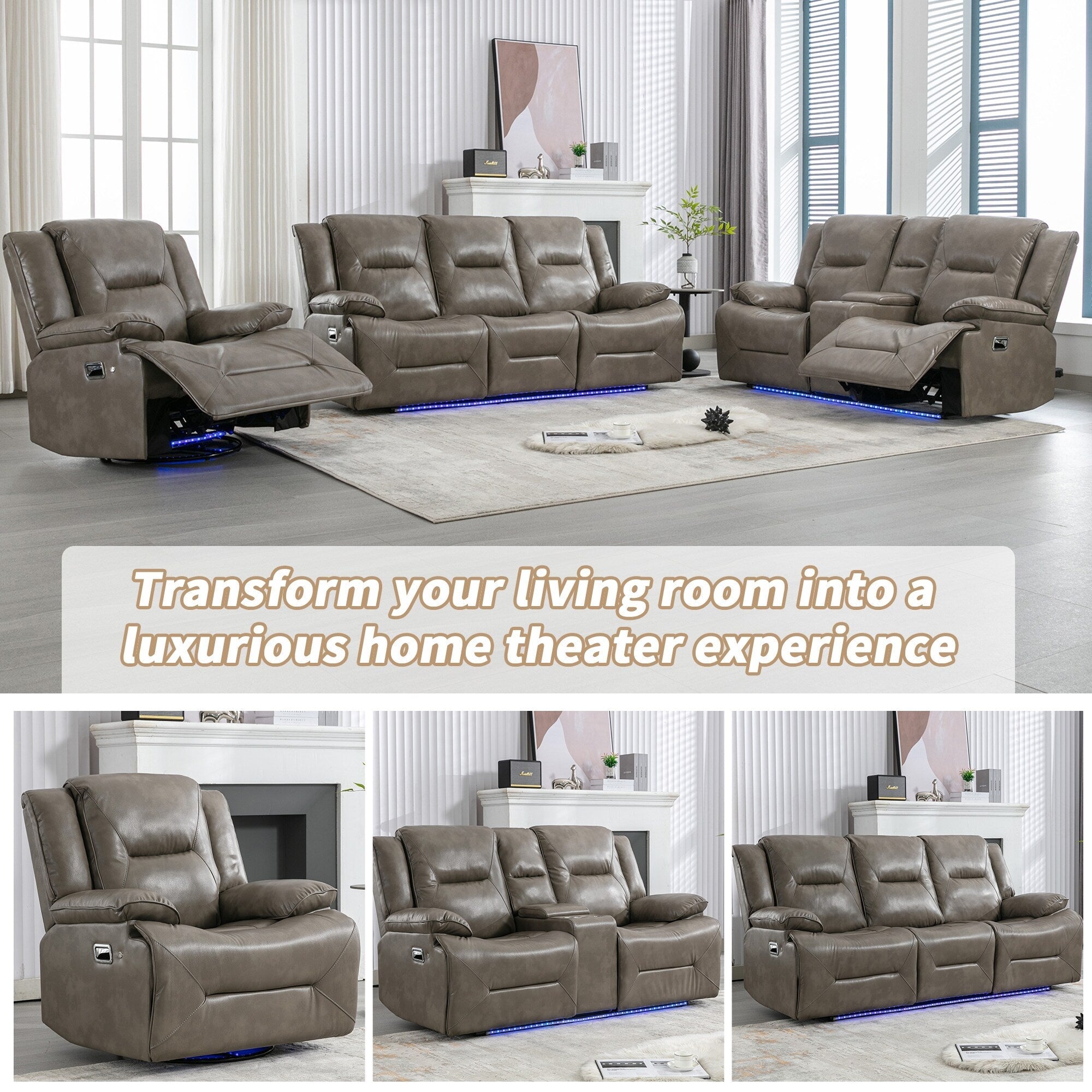 Fauteuil inclinable manuel pivotant à 360° moderne, fauteuil inclinable home cinéma avec bande lumineuse LED, canapé simple inclinable manuel