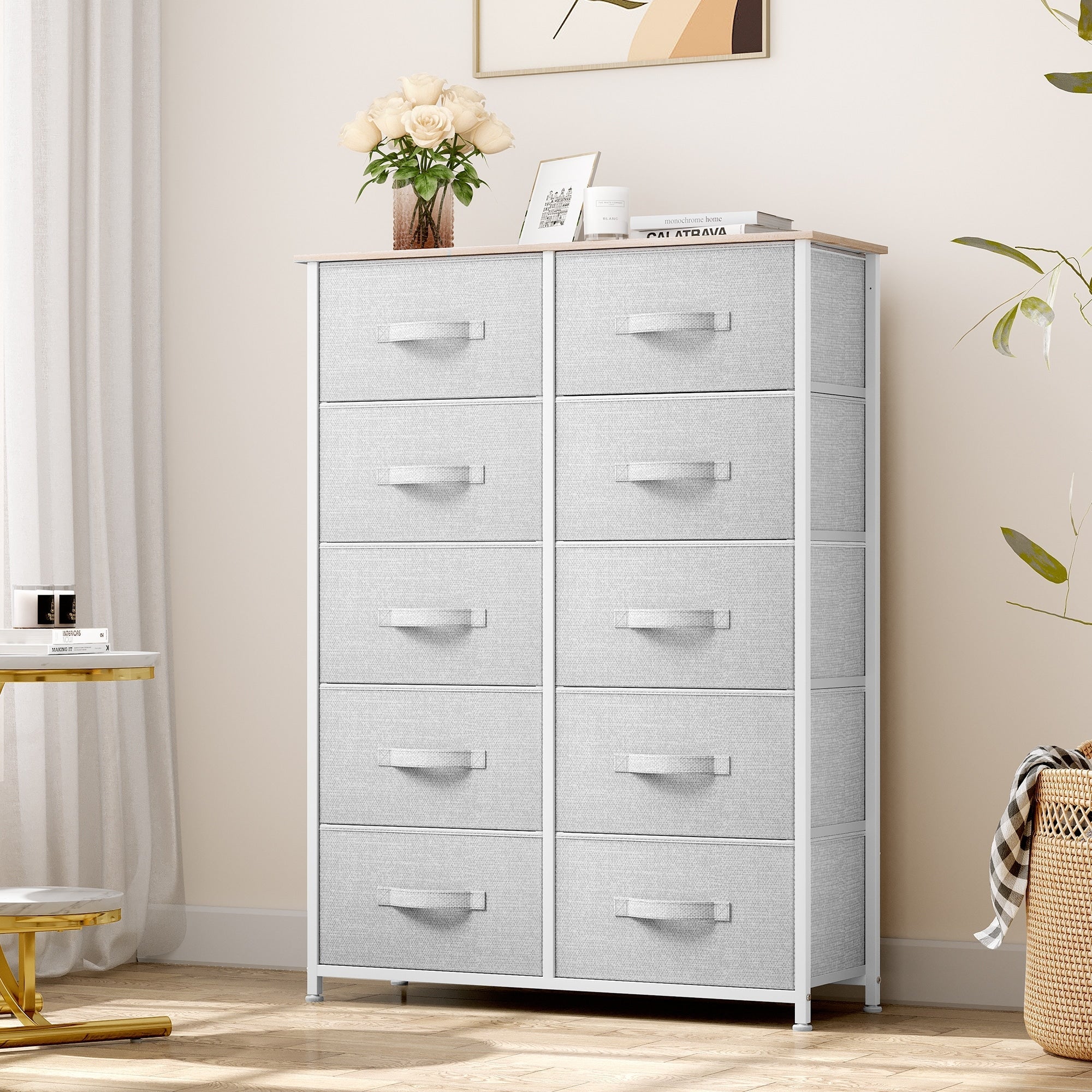Commode moderne en tissu à 4/8/10 tiroirs avec plateau en bois