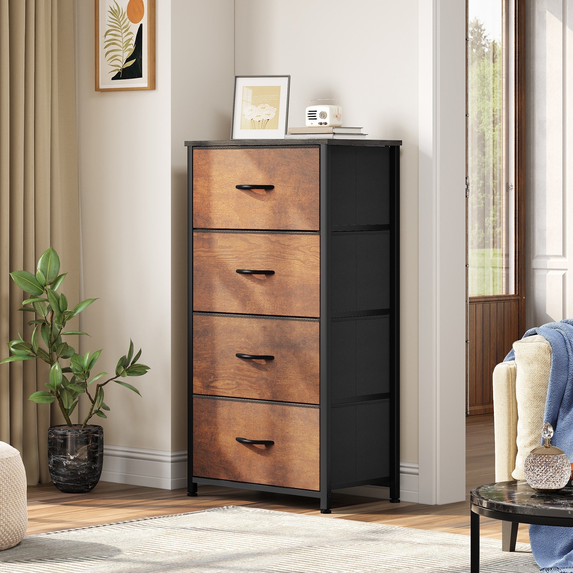 Commode moderne en tissu à 4/8/10 tiroirs avec plateau en bois