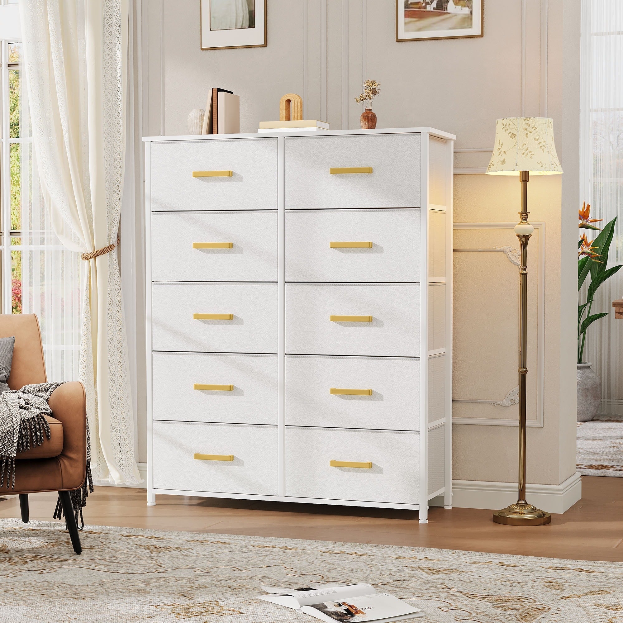 Commode moderne en tissu à 4/8/10 tiroirs avec plateau en bois