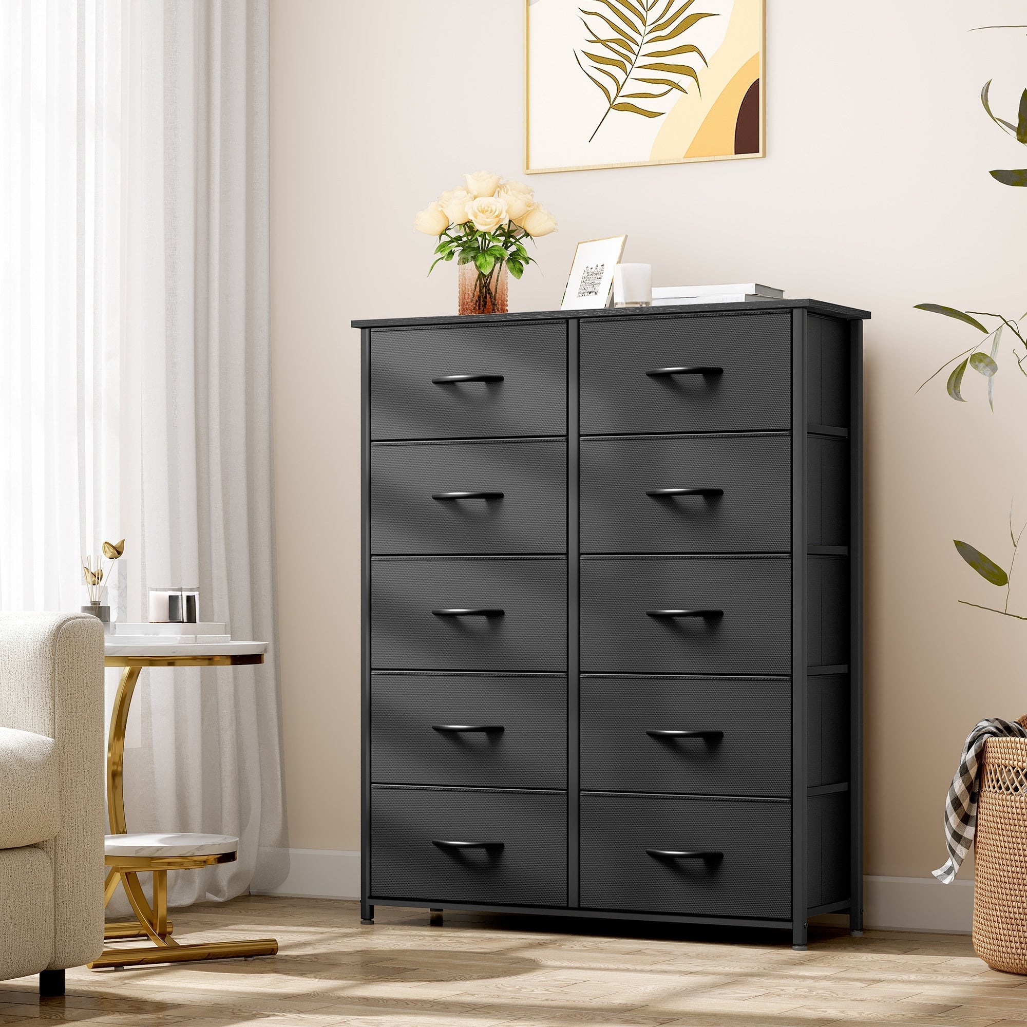 Commode moderne en tissu à 4/8/10 tiroirs avec plateau en bois