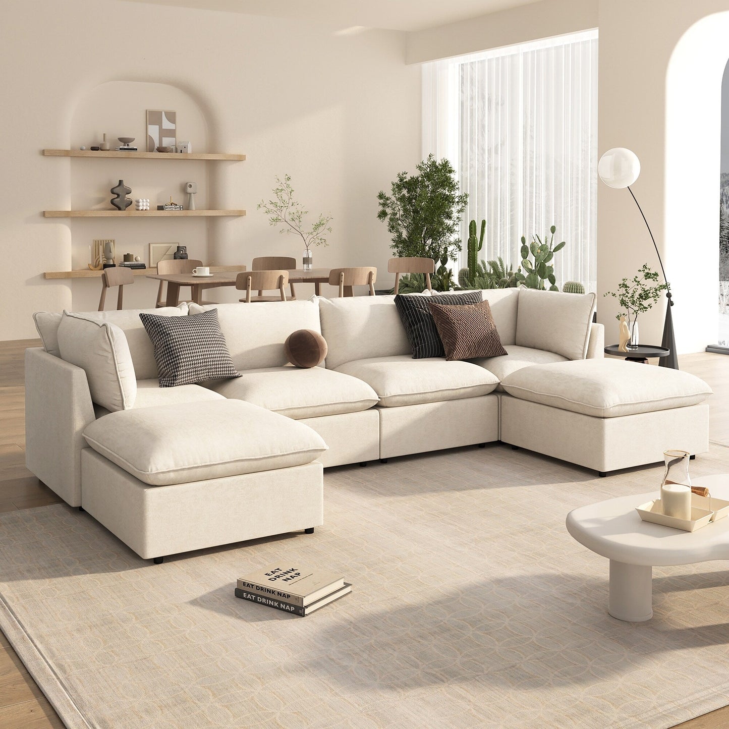 Canapé sectionnel modulaire moderne en U 6 pièces avec poufs amovibles et cadre en bois