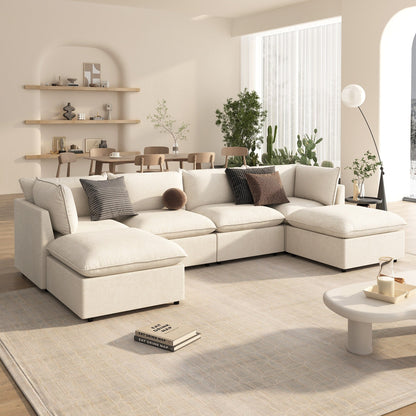 Canapé sectionnel modulaire moderne en U 6 pièces avec poufs amovibles et cadre en bois