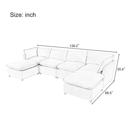 Canapé sectionnel modulaire moderne en U 6 pièces avec poufs amovibles et cadre en bois