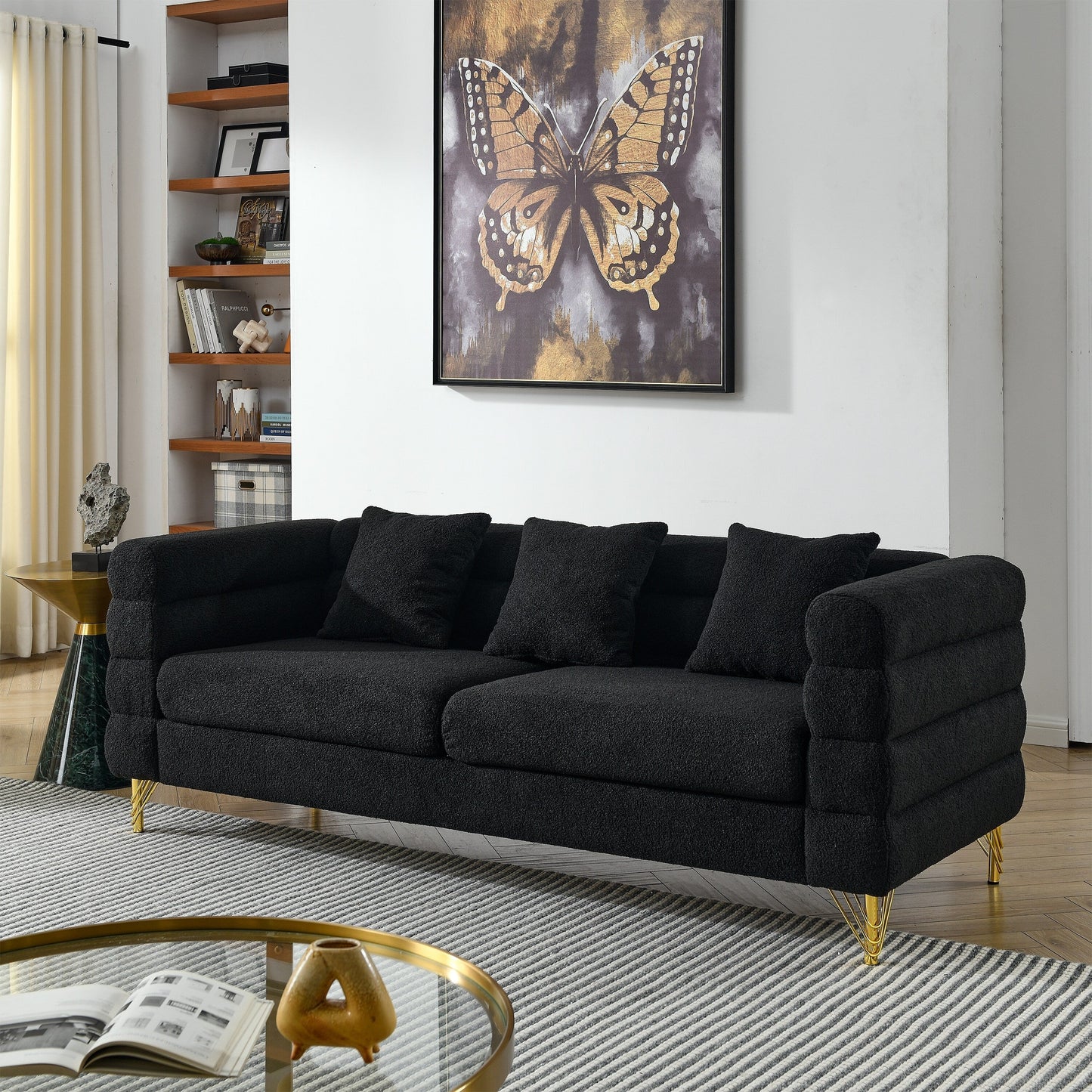 Canapé sectionnel moderne 3 places en tissu de 81 pouces avec pieds en métal doré et 3 coussins pour salon et chambre à coucher