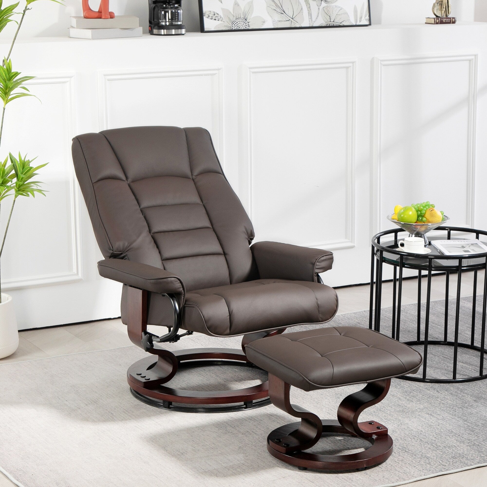 Chaise de bureau moderne à dossier réglable, pivotante à 360°, inclinable et manuelle, avec cadre en bois et repose-pieds