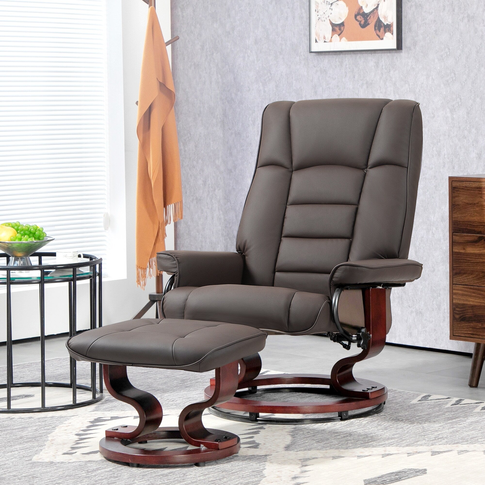 Chaise de bureau moderne à dossier réglable, pivotante à 360°, inclinable et manuelle, avec cadre en bois et repose-pieds