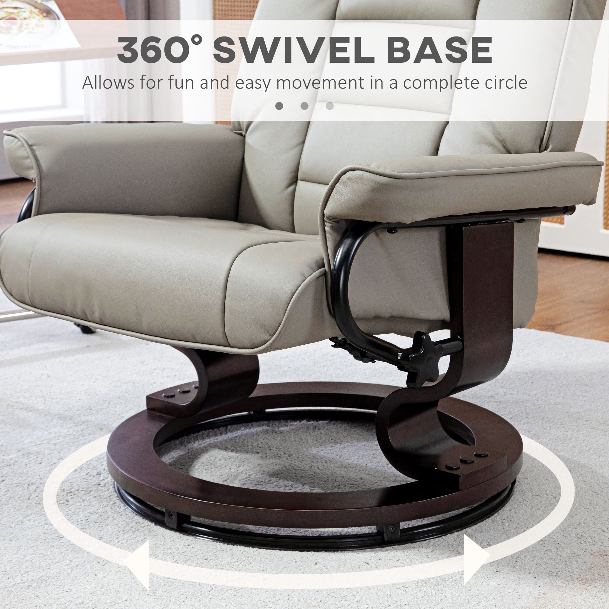 Chaise de bureau moderne à dossier réglable, pivotante à 360°, inclinable et manuelle, avec cadre en bois et repose-pieds