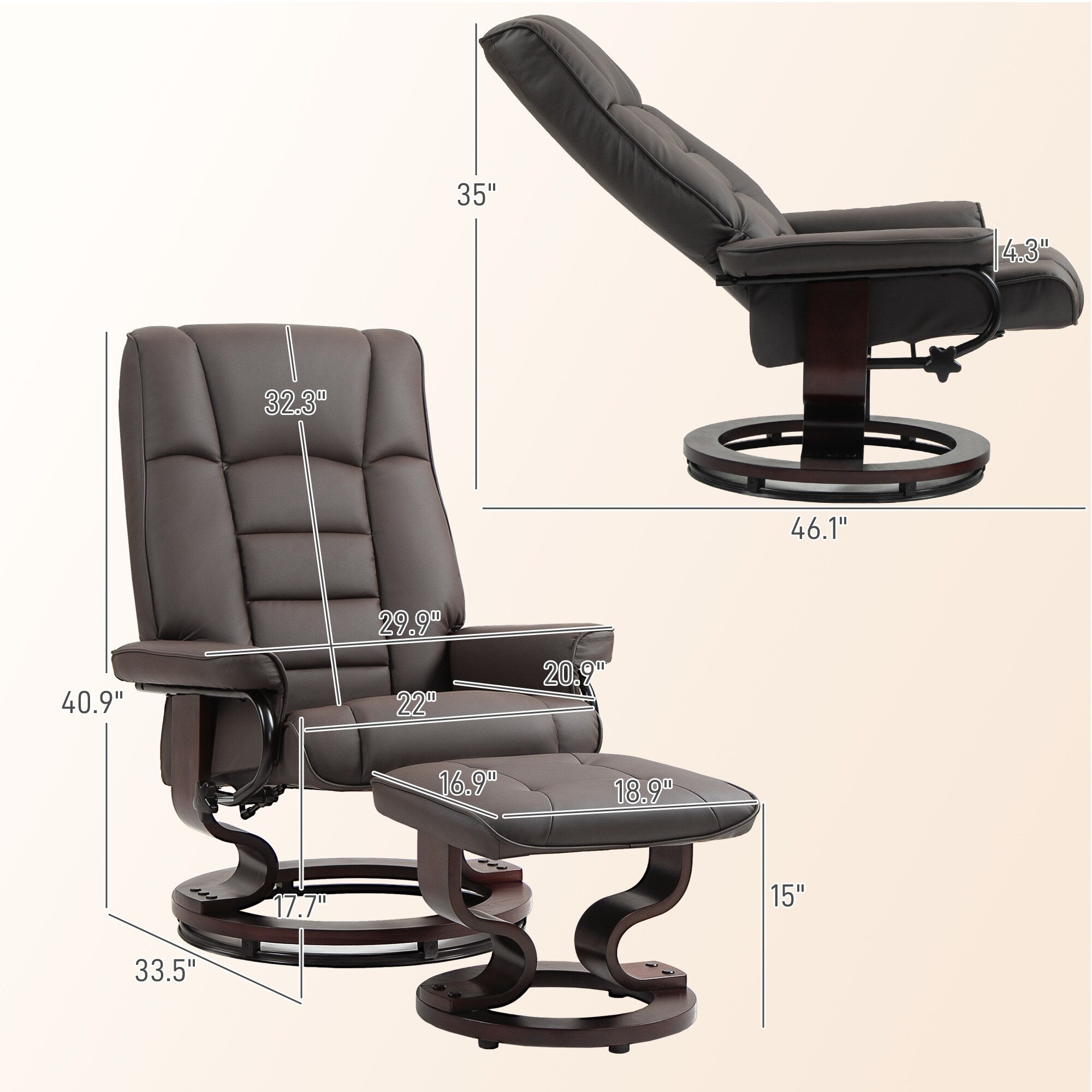 Chaise de bureau moderne à dossier réglable, pivotante à 360°, inclinable et manuelle, avec cadre en bois et repose-pieds