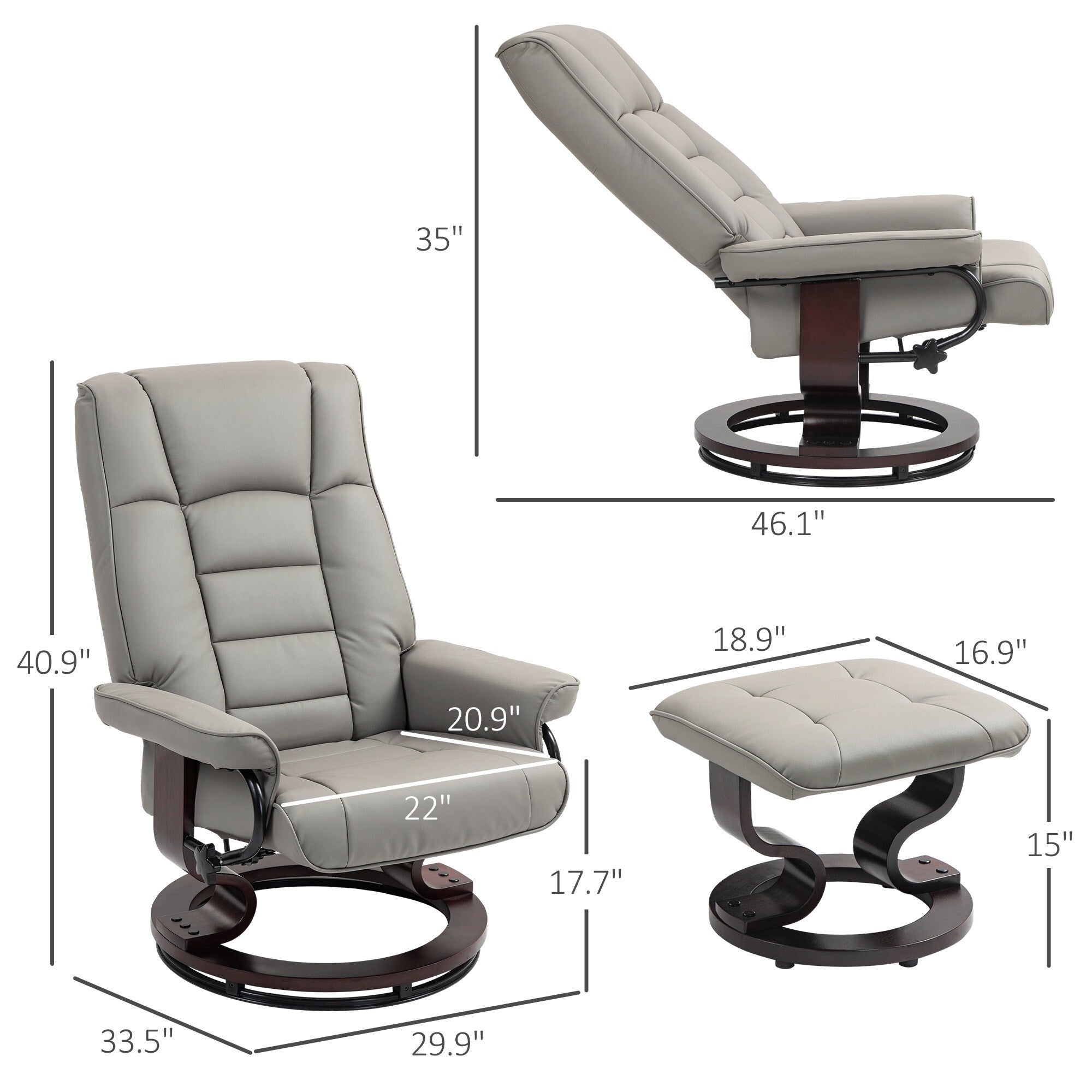 Chaise de bureau moderne à dossier réglable, pivotante à 360°, inclinable et manuelle, avec cadre en bois et repose-pieds