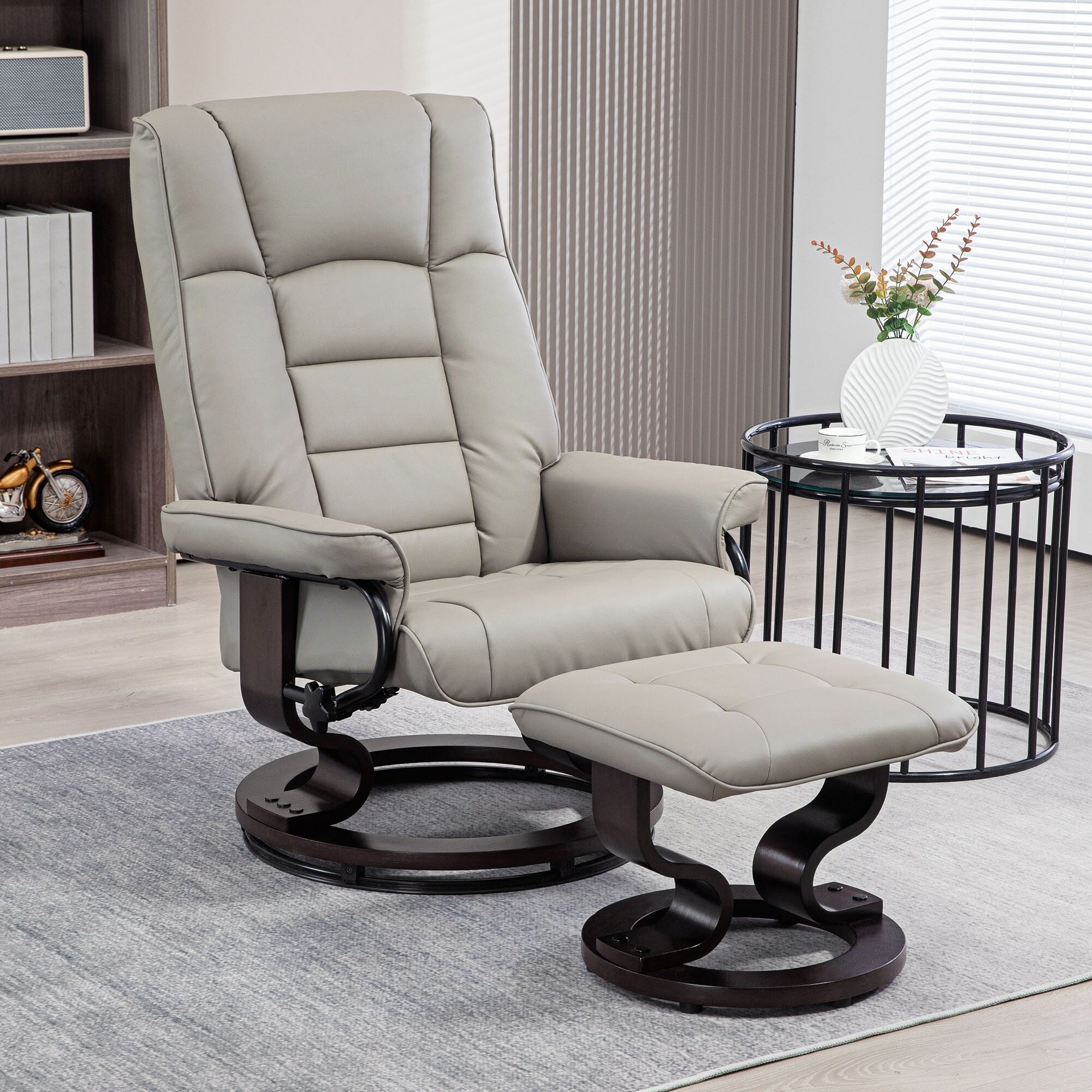 Chaise de bureau moderne à dossier réglable, pivotante à 360°, inclinable et manuelle, avec cadre en bois et repose-pieds
