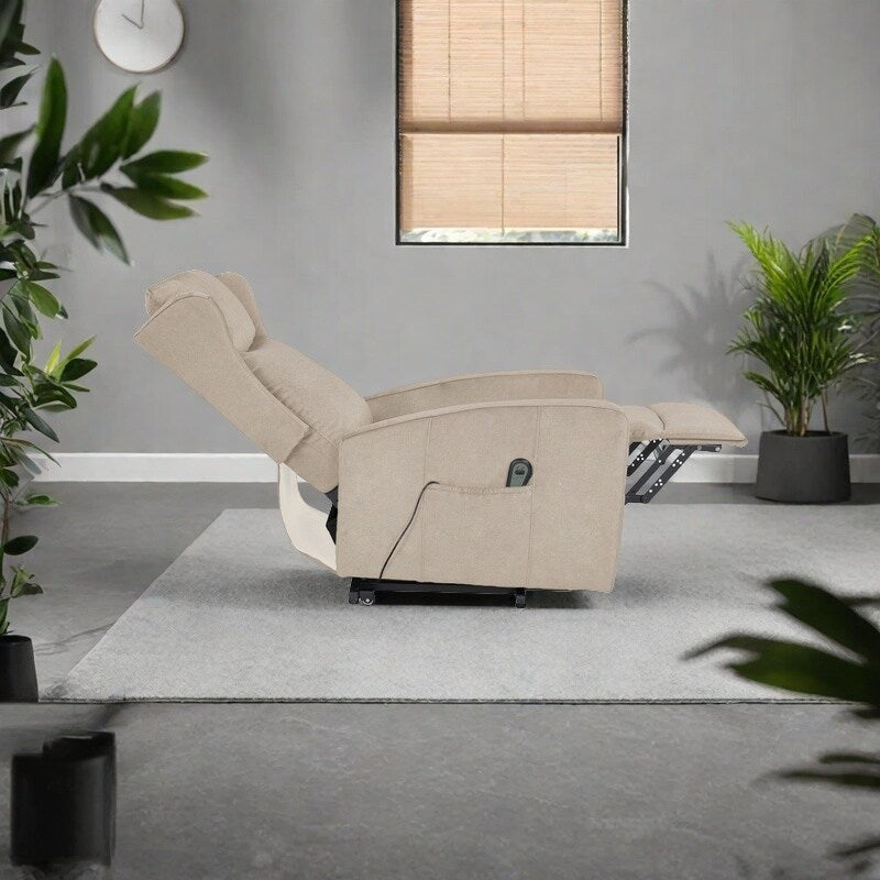 Fauteuil inclinable électrique réglable et moderne en lin, avec télécommande, poche latérale et repose-pieds télescopique