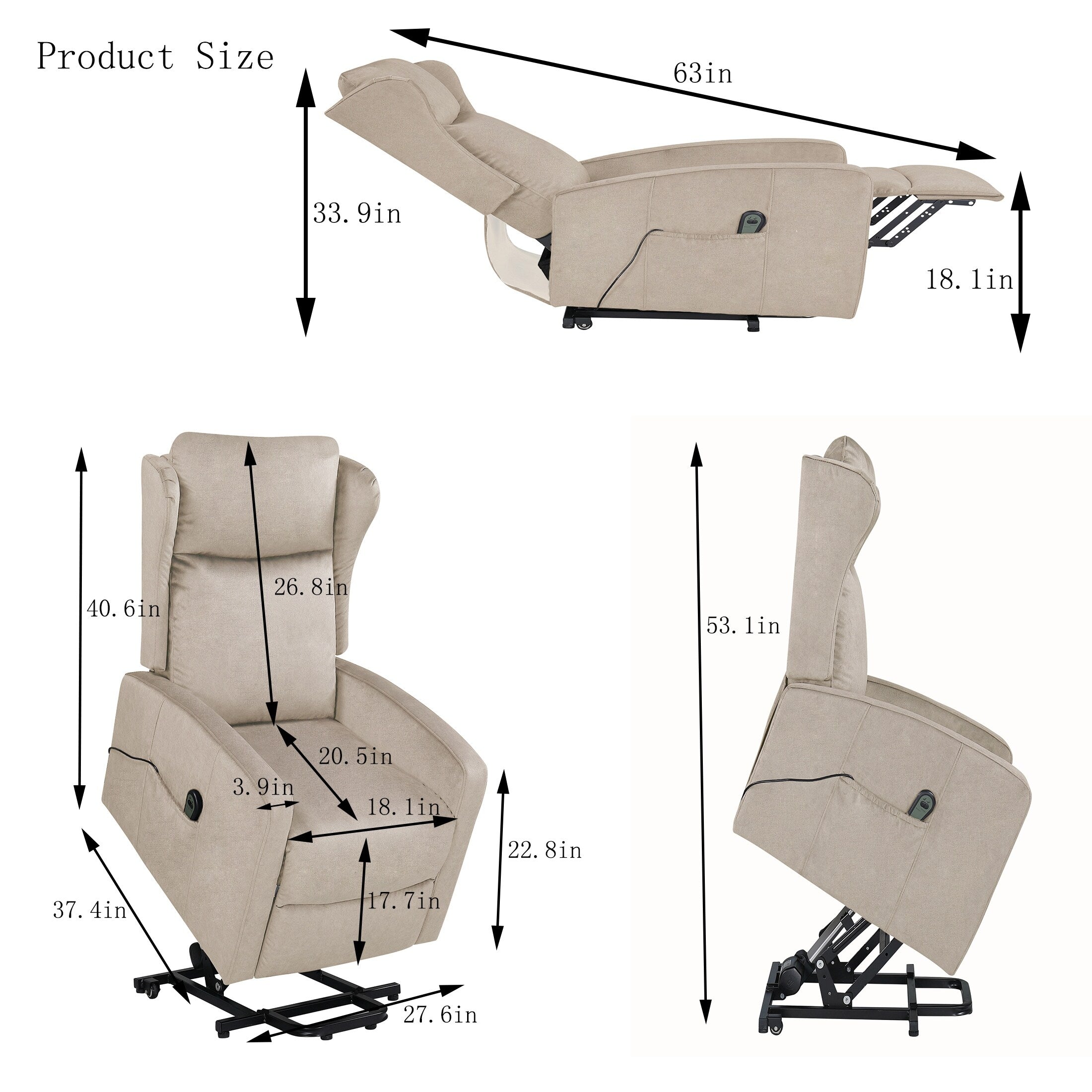 Fauteuil inclinable électrique réglable et moderne en lin, avec télécommande, poche latérale et repose-pieds télescopique