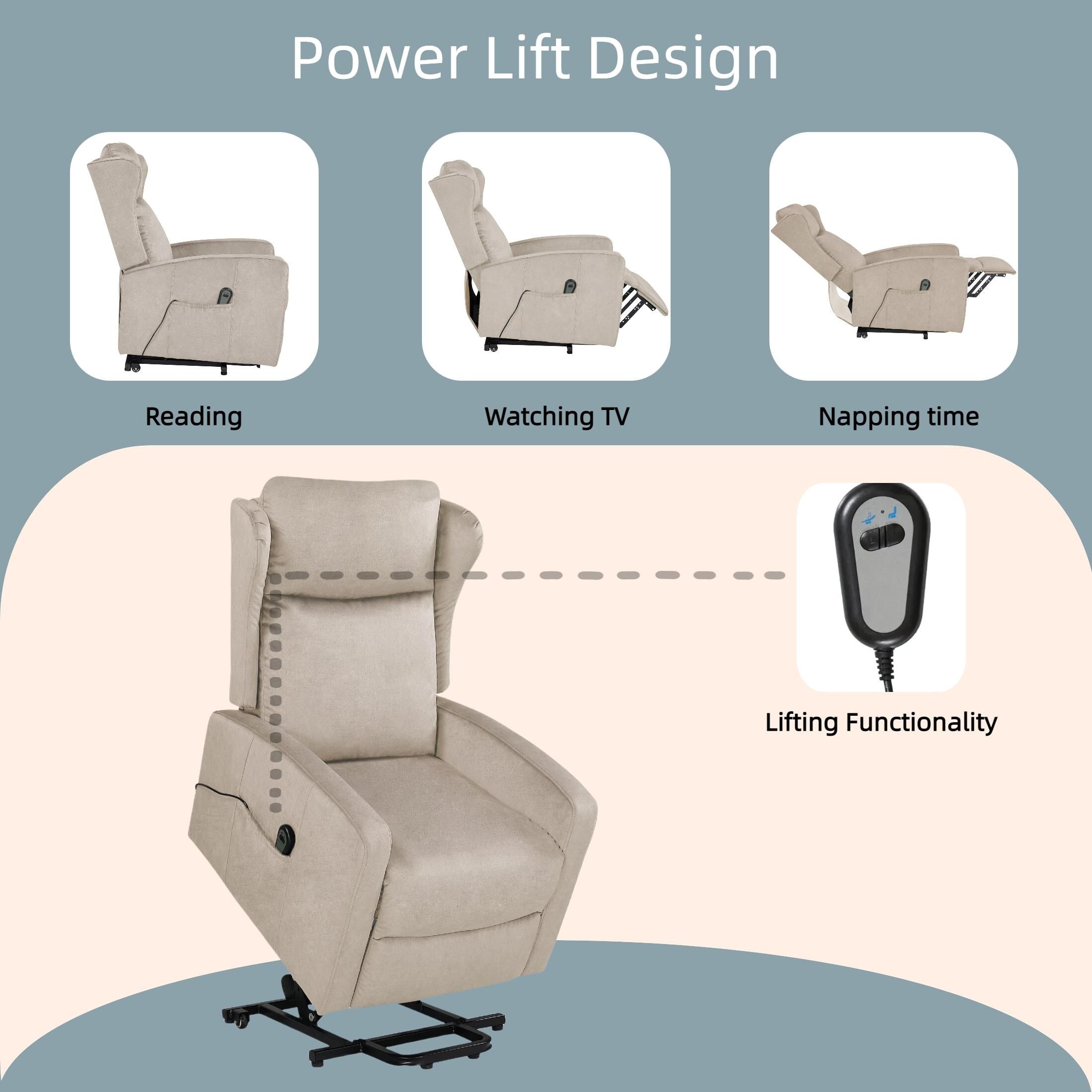Fauteuil inclinable électrique réglable et moderne en lin, avec télécommande, poche latérale et repose-pieds télescopique