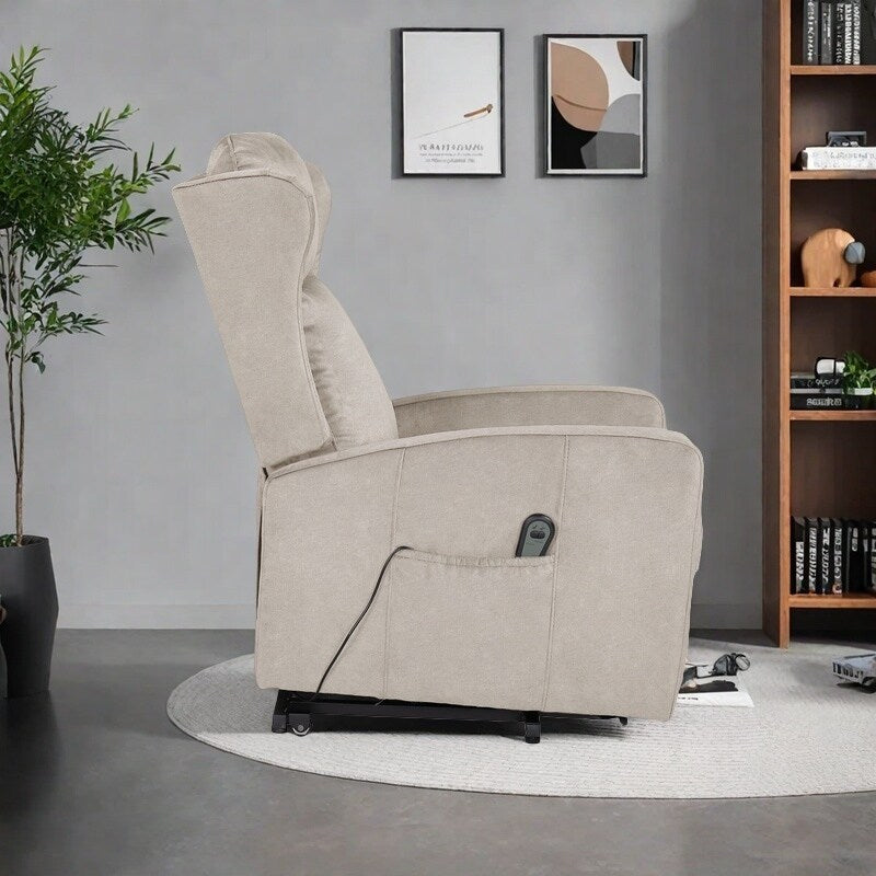 Fauteuil inclinable électrique réglable et moderne en lin, avec télécommande, poche latérale et repose-pieds télescopique