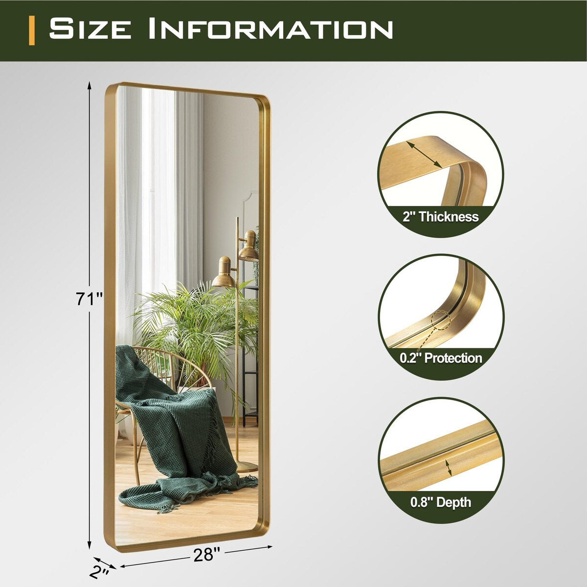 Miroir mural rectangulaire profond moderne en alliage d'aluminium - 71 x 28 cm