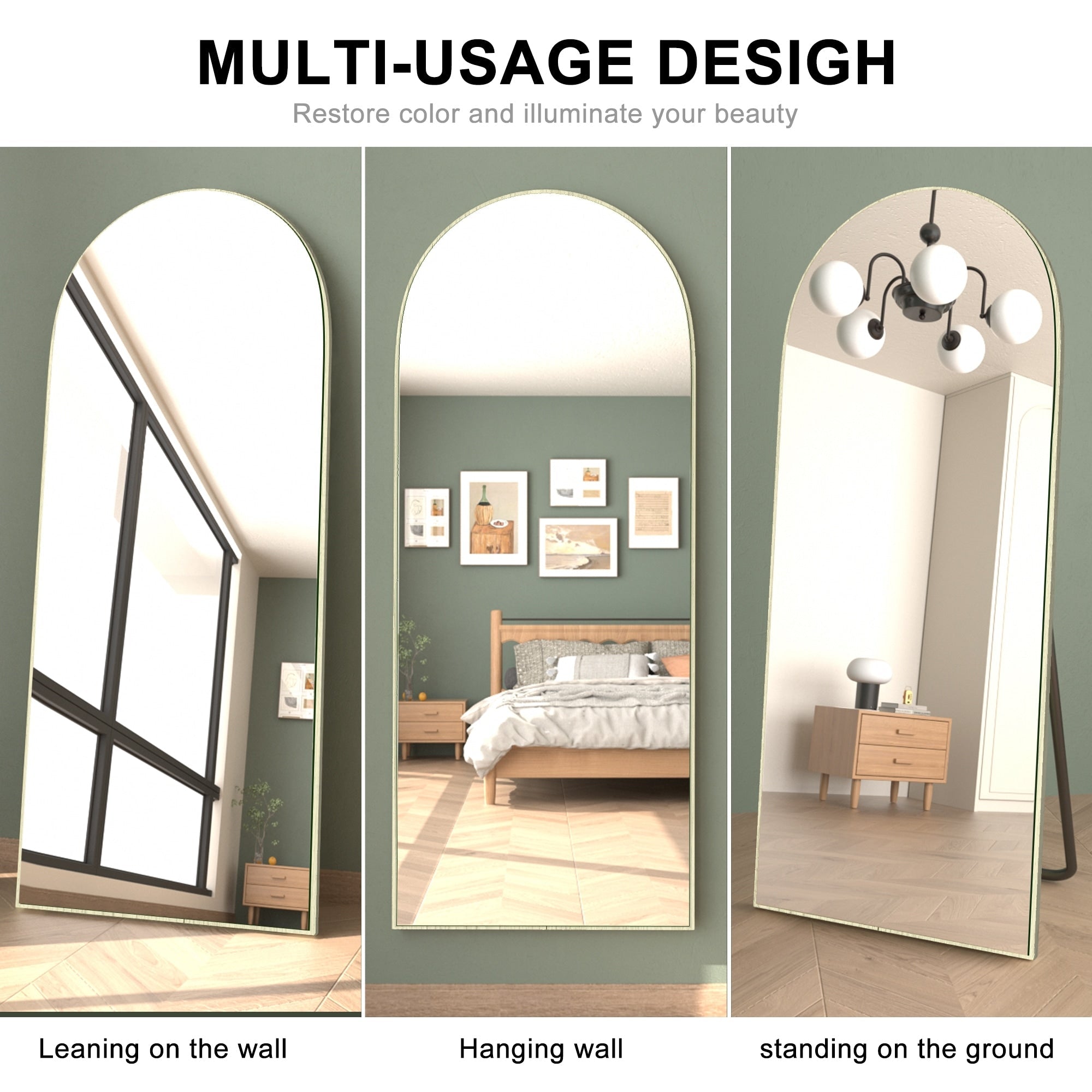 Miroir sur pied en bois moderne et arqué sur toute la longueur