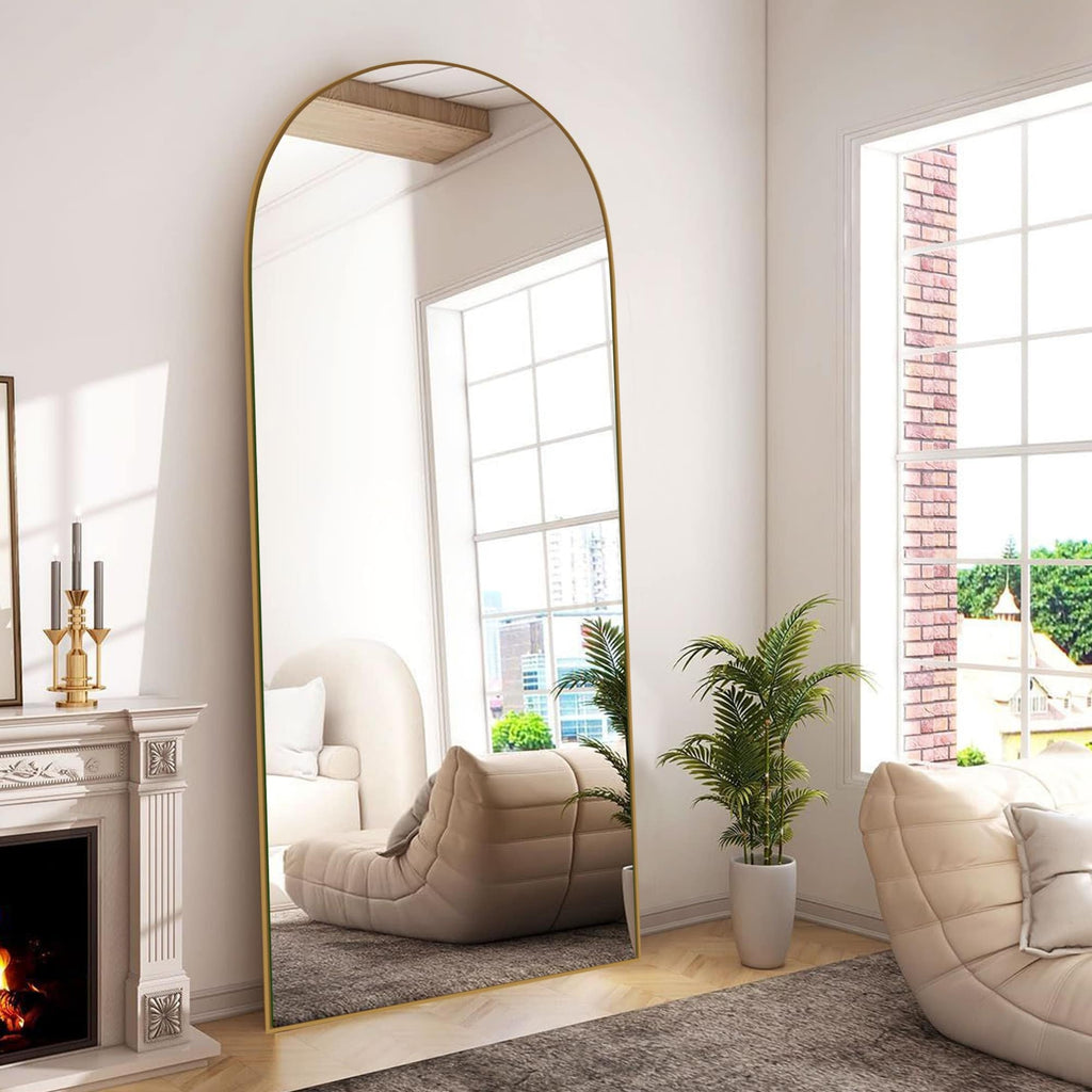 Miroir sur pied en bois moderne et arqué sur toute la longueur