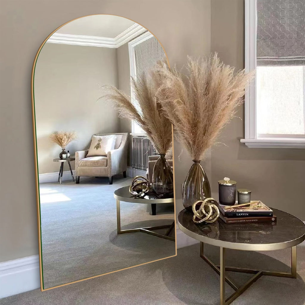 Miroir sur pied en bois moderne et arqué sur toute la longueur
