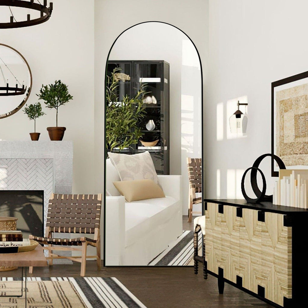 Miroir sur pied en bois moderne et arqué sur toute la longueur