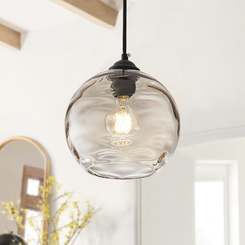 Lampe suspendue moderne noire à 1 lumière avec abat-jour en verre transparent ondulé