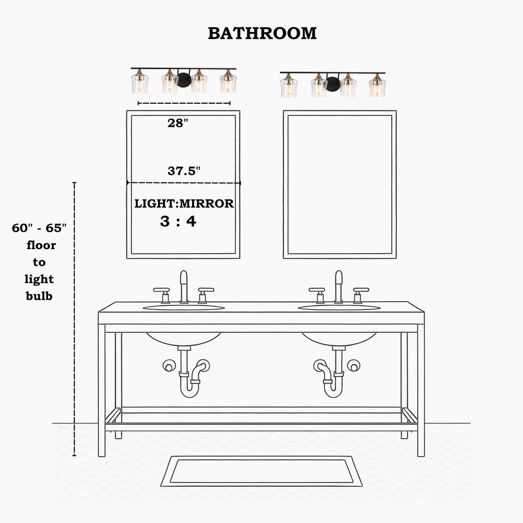 Luminaires de salle de bain linéaires modernes en or noir à 2, 3 ou 4 lampes avec verre grainé