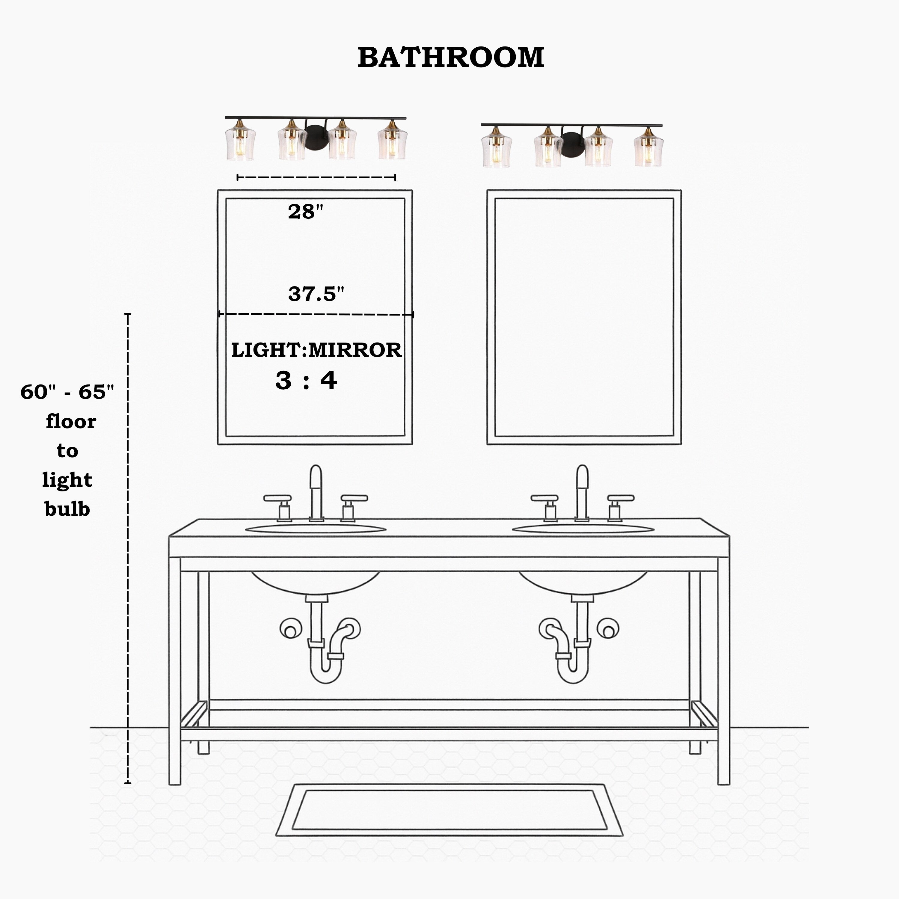 Luminaires de salle de bain linéaires modernes en or noir à 2, 3 ou 4 lampes avec verre grainé