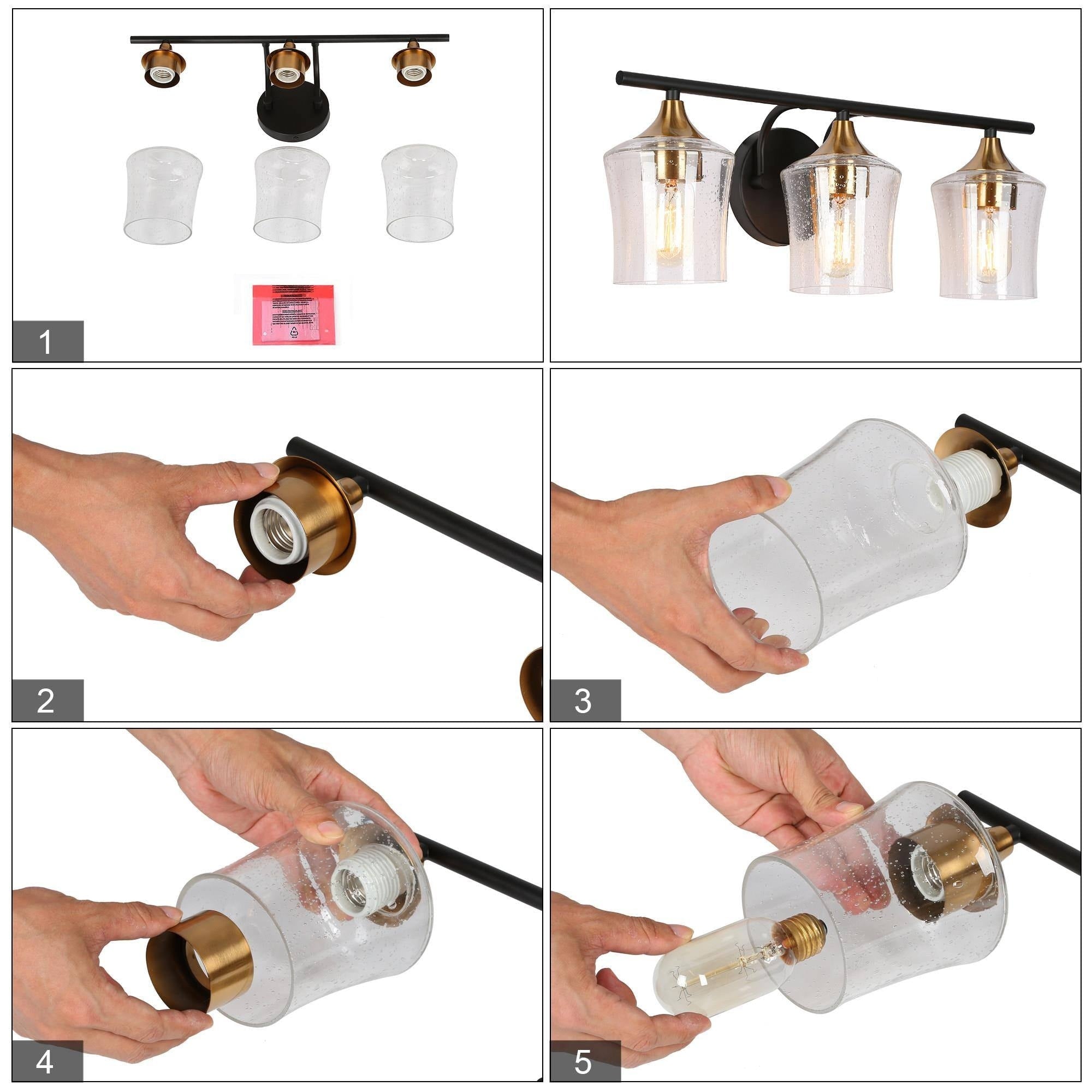 Luminaires de salle de bain linéaires modernes en or noir à 2, 3 ou 4 lampes avec verre grainé