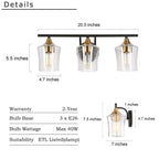 Luminaires de salle de bain linéaires modernes en or noir à 2, 3 ou 4 lampes avec verre grainé