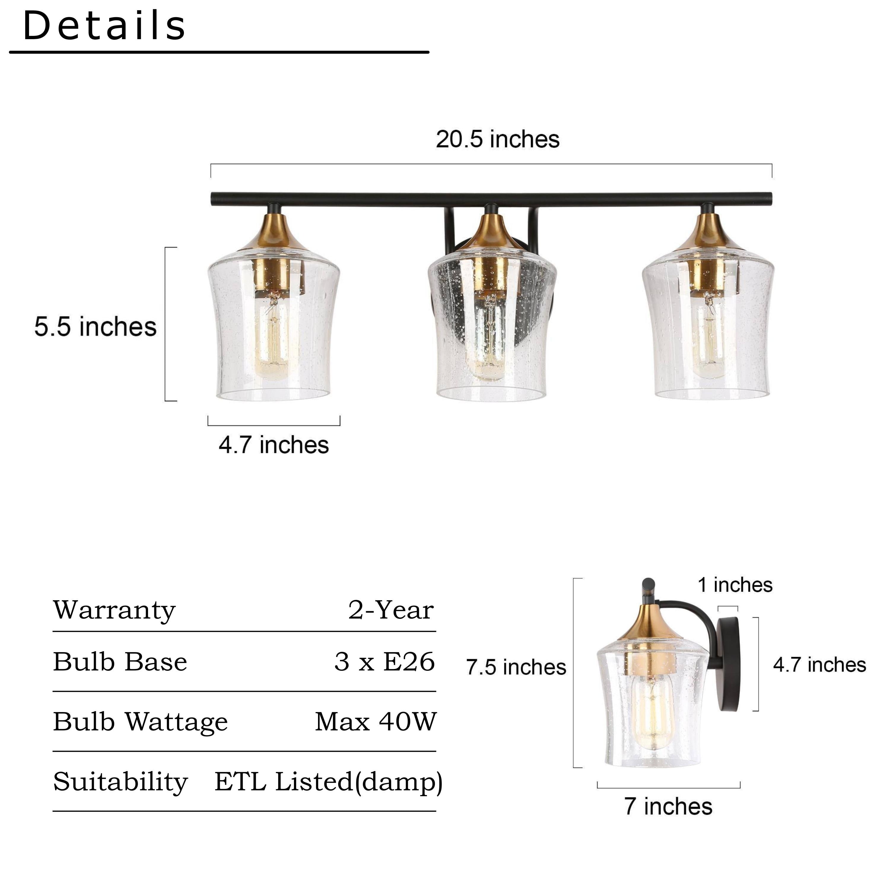 Luminaires de salle de bain linéaires modernes en or noir à 2, 3 ou 4 lampes avec verre grainé