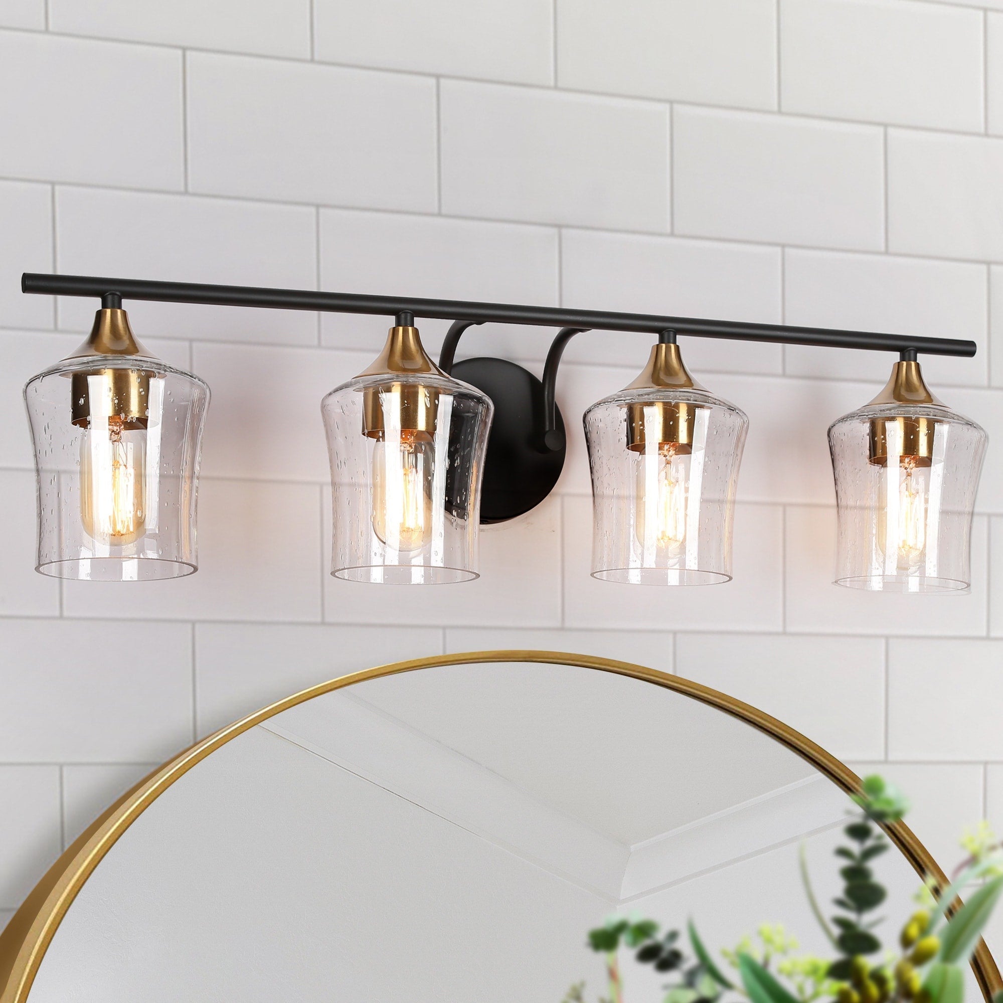 Luminaires de salle de bain linéaires modernes en or noir à 2, 3 ou 4 lampes avec verre grainé