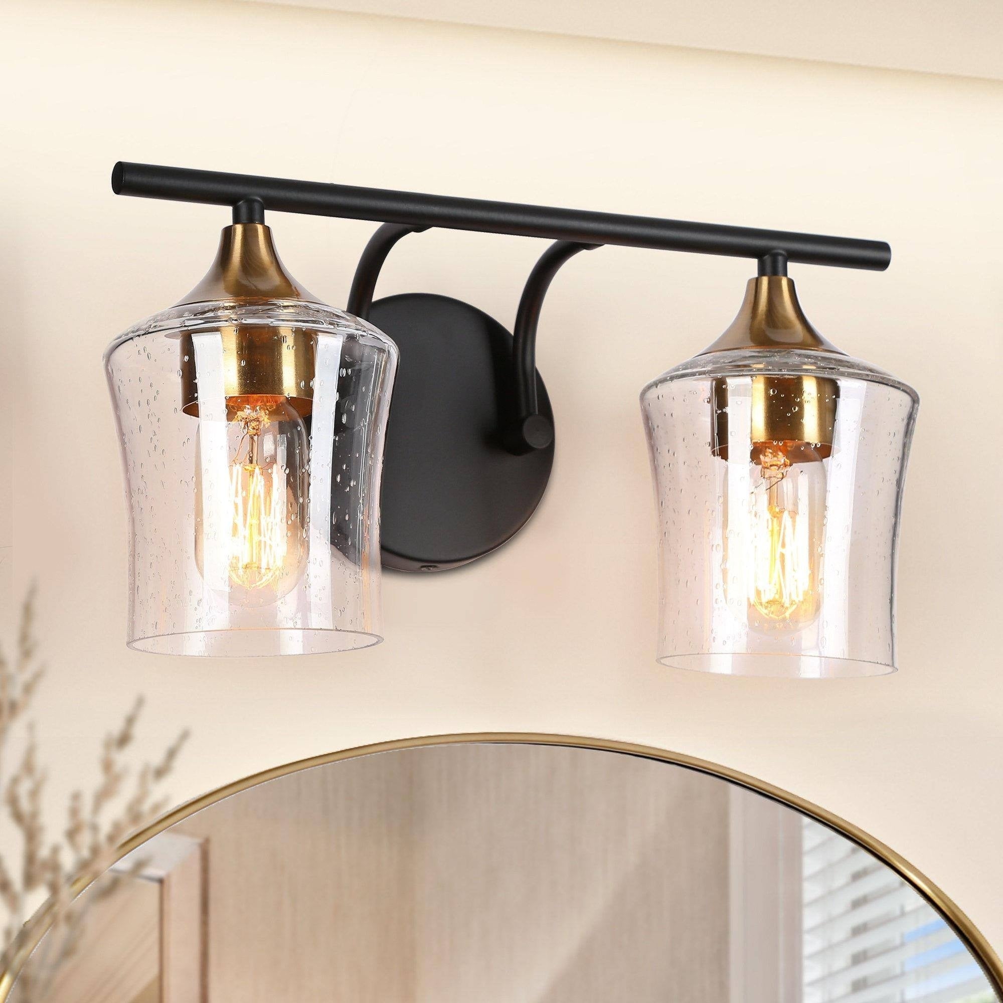 Luminaires de salle de bain linéaires modernes en or noir à 2, 3 ou 4 lampes avec verre grainé