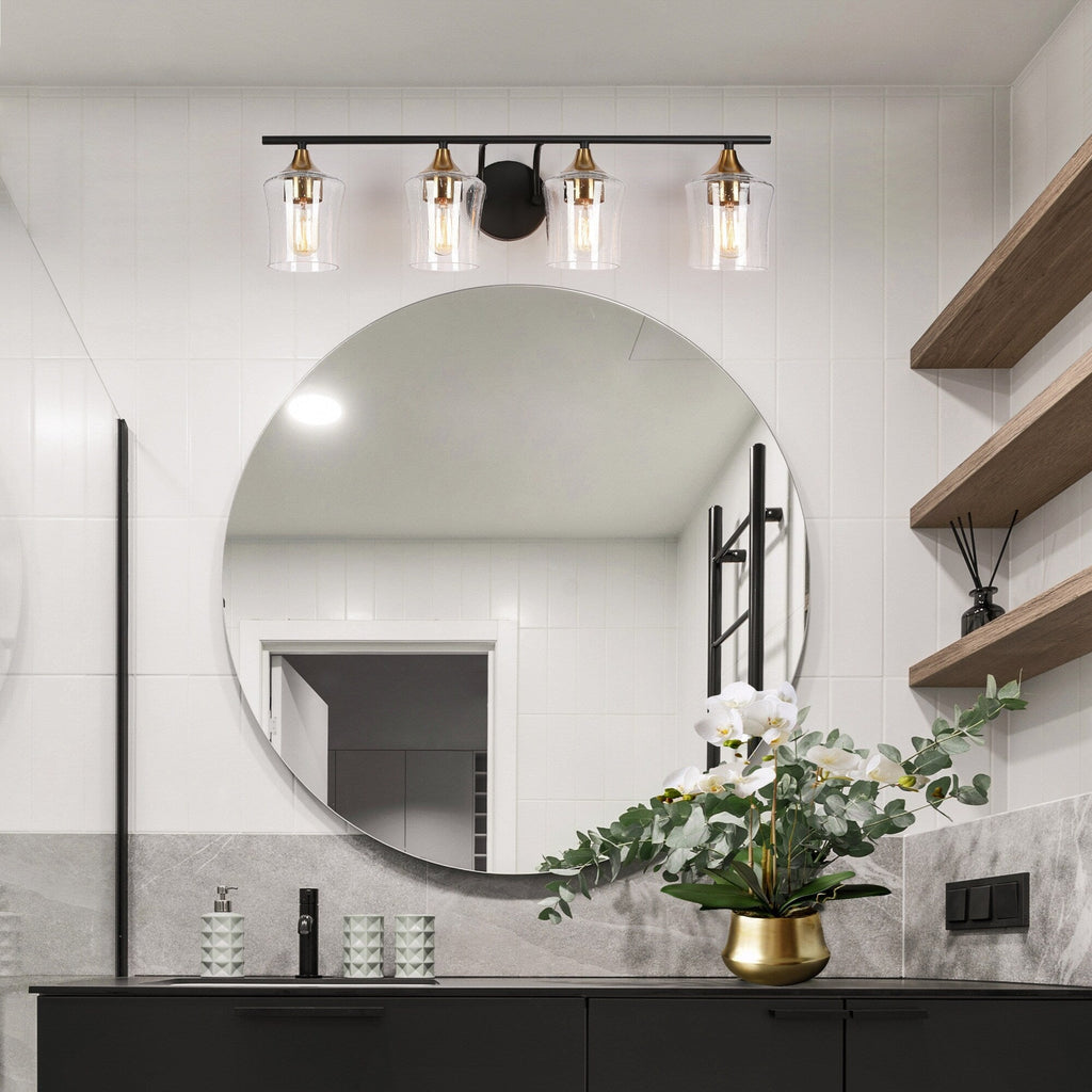 Luminaires de salle de bain linéaires modernes en or noir à 2, 3 ou 4 lampes avec verre grainé
