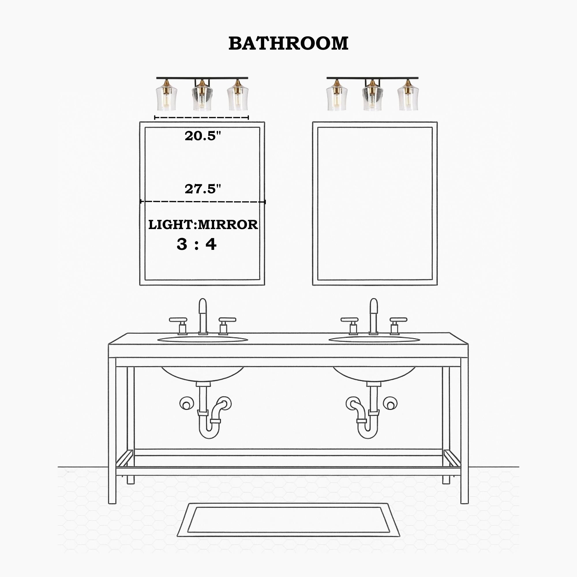 Luminaires de salle de bain linéaires modernes en or noir à 2, 3 ou 4 lampes avec verre grainé