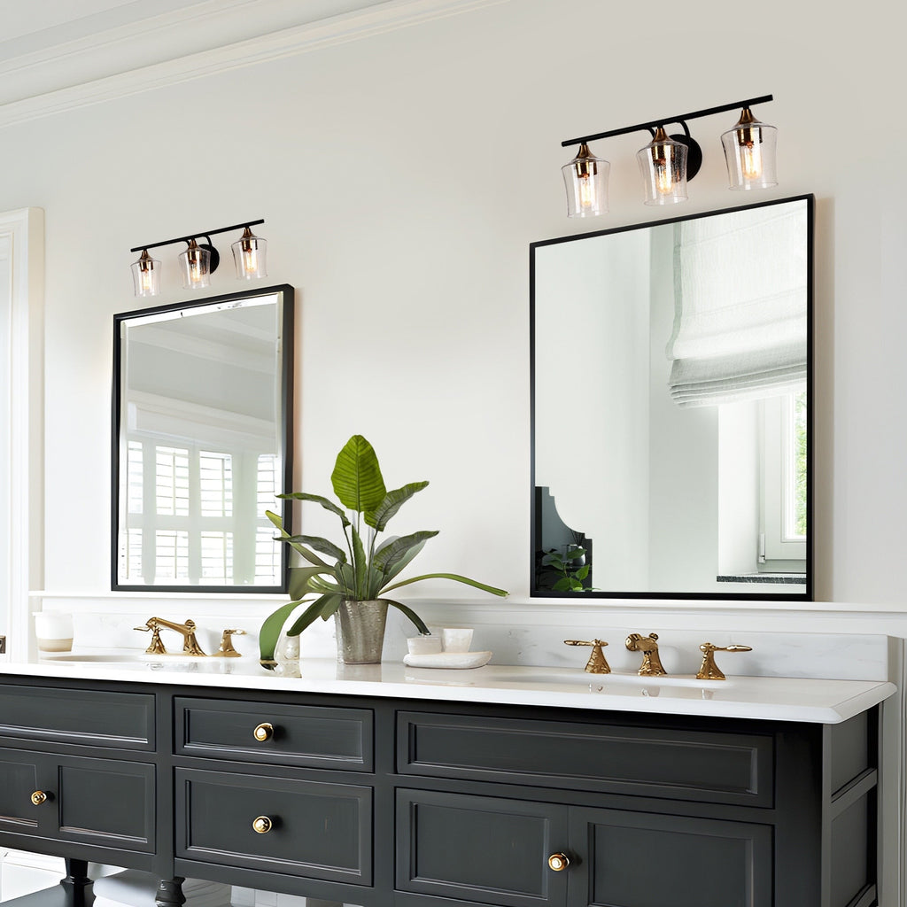 Luminaires de salle de bain linéaires modernes en or noir à 2, 3 ou 4 lampes avec verre grainé